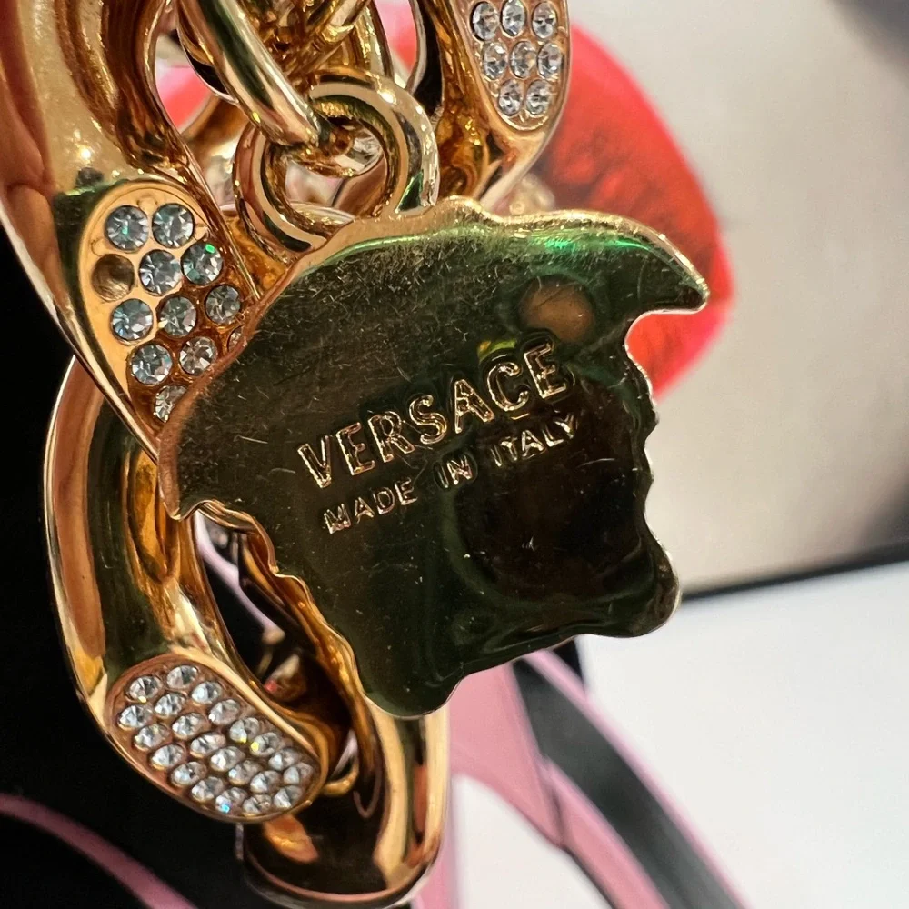 VERSACE Charm Crystal Chain High-Heel Sandals in PInk IT39/US9